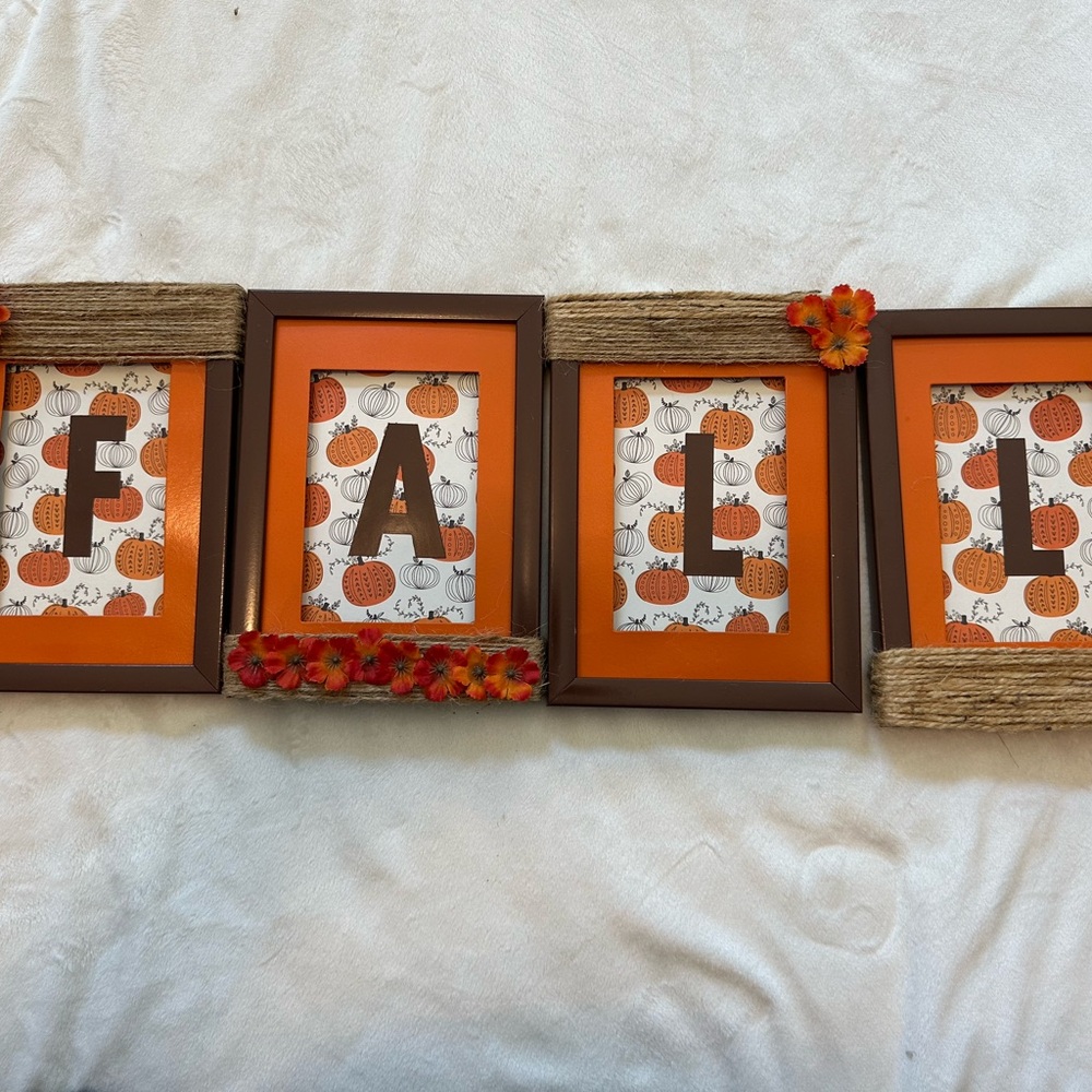 Fall Themed Wall Decor with Orange Frames you can hang these or sit them up.